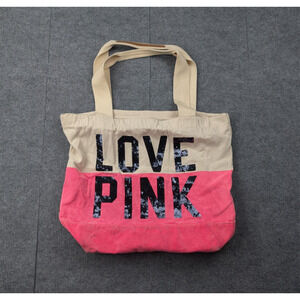 Vintage Victorias Secret Love Pink Canvas Tote Bag Sequin Y2K Preppy Carryall